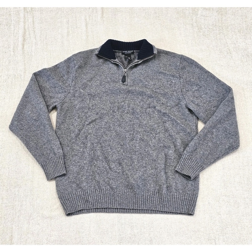 Daniel Bishop 100% Cashmere Large 1/4 Zip Sweater Gray & Navy Pullover Mock Neck